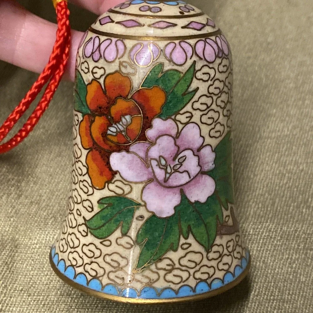 Hand Made VNTG Chinese Cloisonne Ornament Bell Soft Colors Flowers Copper Enamel